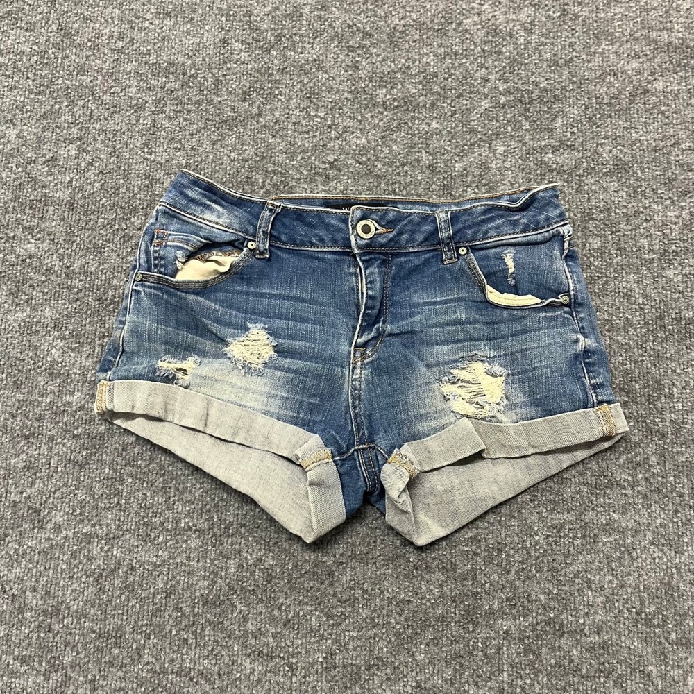 Wax Jean Denim Shorts Womens Size 7 Blue Distressed Cuffed Stretch Casual Summer